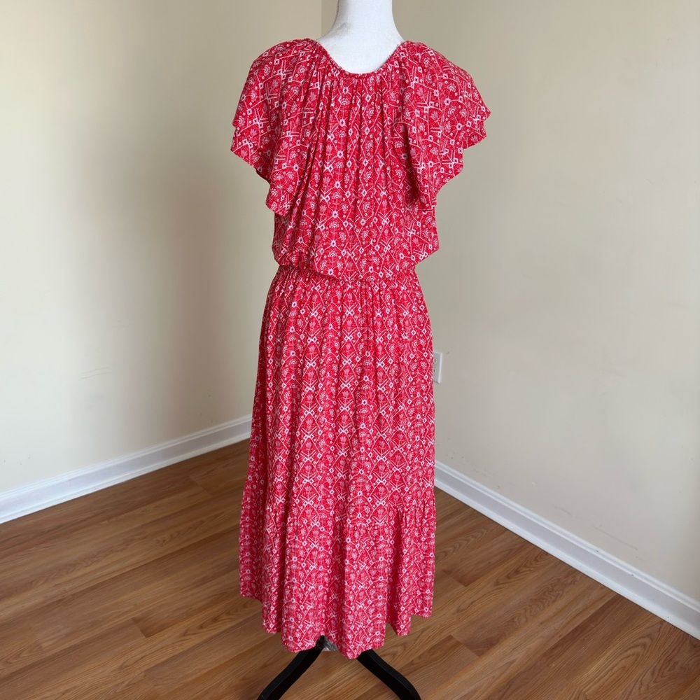Destination 365 Maxi Dress Red White Print Flutter Sleeve Boho‎ Sz SP - Picture 5 of 10